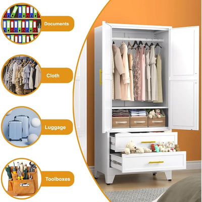 Wardrobe 71" Metal Armoire Wardrobe Closet with 2 Drawers, Freestanding 2-Door Tall Clothing Storage with Adjustable Shelves