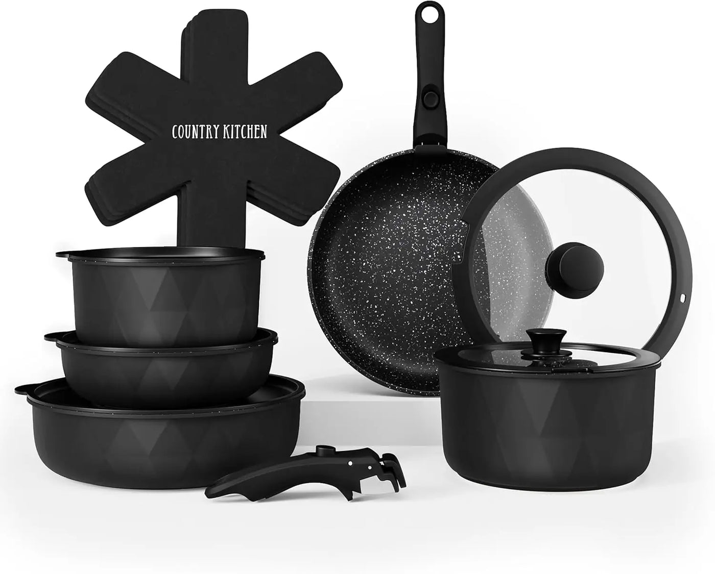 Cookware Set with Removable Handle, Oven & RV Safe Pots and Pans Set, Black/Grey Wood Handle