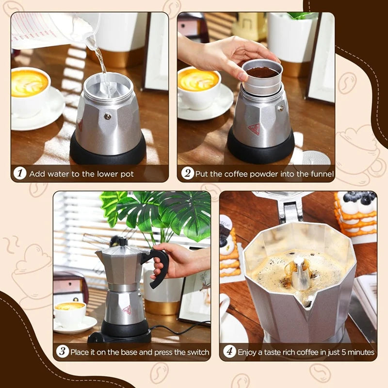 AT35 Coffee Pot 6 Cup Electric Espresso Coffee Maker Italian Moka Maker 300Ml Portable Moka Pot With Detachable Base Eu Plug