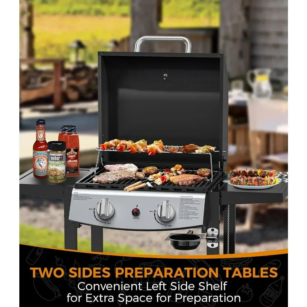 BBQ Grill, 2 Burner Propane Gas Grills, Stainless Steel Grills with Two Side Storage Shelves, BBQ Grill