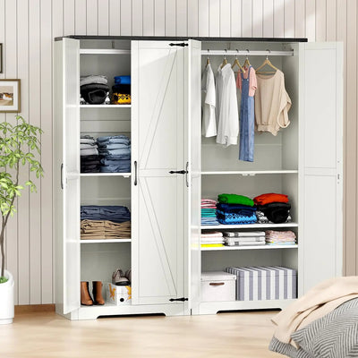 Wardrobe Closet with Doors, 72" Armoire Wardrobe Cabinet, White Bedroom Storage Cabinet with Hanging Rod for Kitchen, Pantry