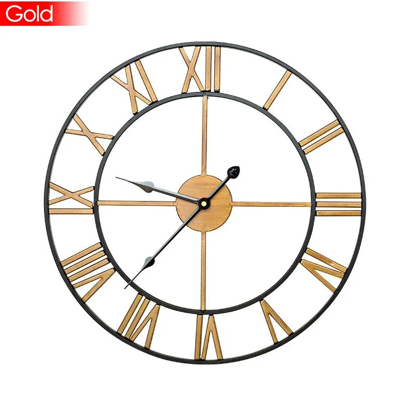 40/47/60/80cm Wall Clock Modern 3D Large Retro Black Iron Round Hollow Metal Wall Clock Nordic Roman Numerals Clock Home Decor