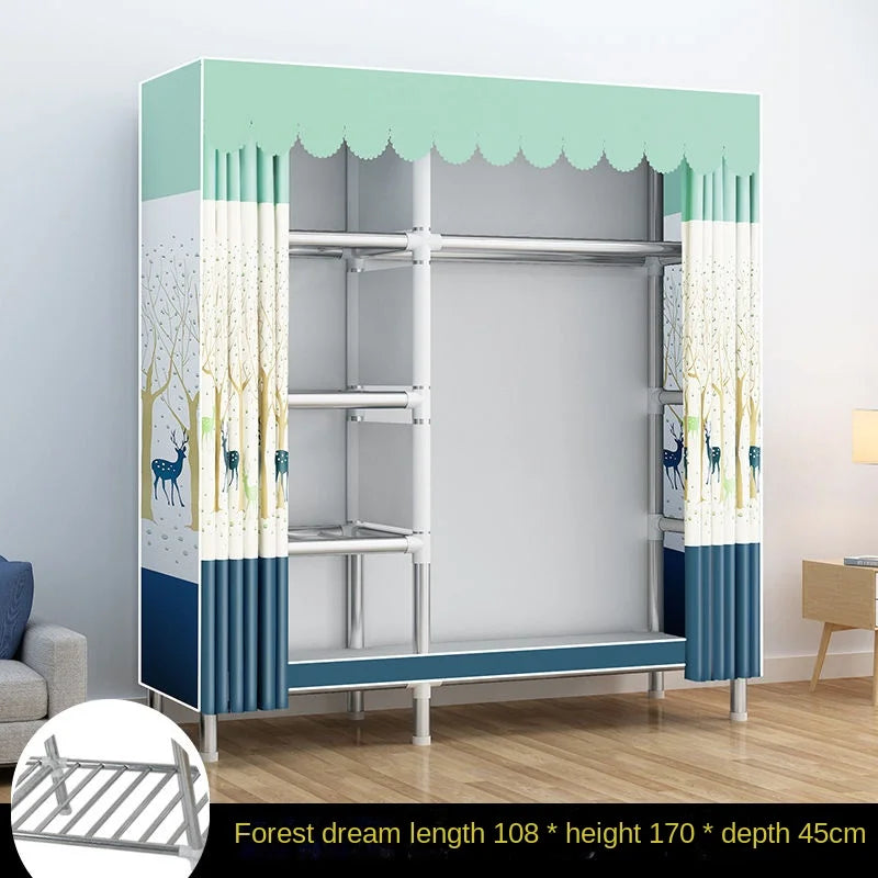 Simple Wardrobe Cloth Closet Furniture For Home Household Bedroom Assembly Cabinet Steel Pipe Reinforced Storage Rack Wardrobe