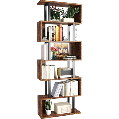 S Shaped Bookshelf, Modern Geometric Bookcase, 6-Tier White Display Case Book Shelf