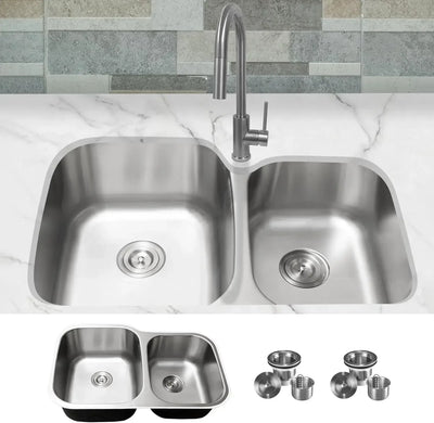 KBFmore 32 Inch Double Equal Bowl Classic Stainless Steel Kitchen Sink with Stainers, Kitchen Organization with Extra Thick 18 G