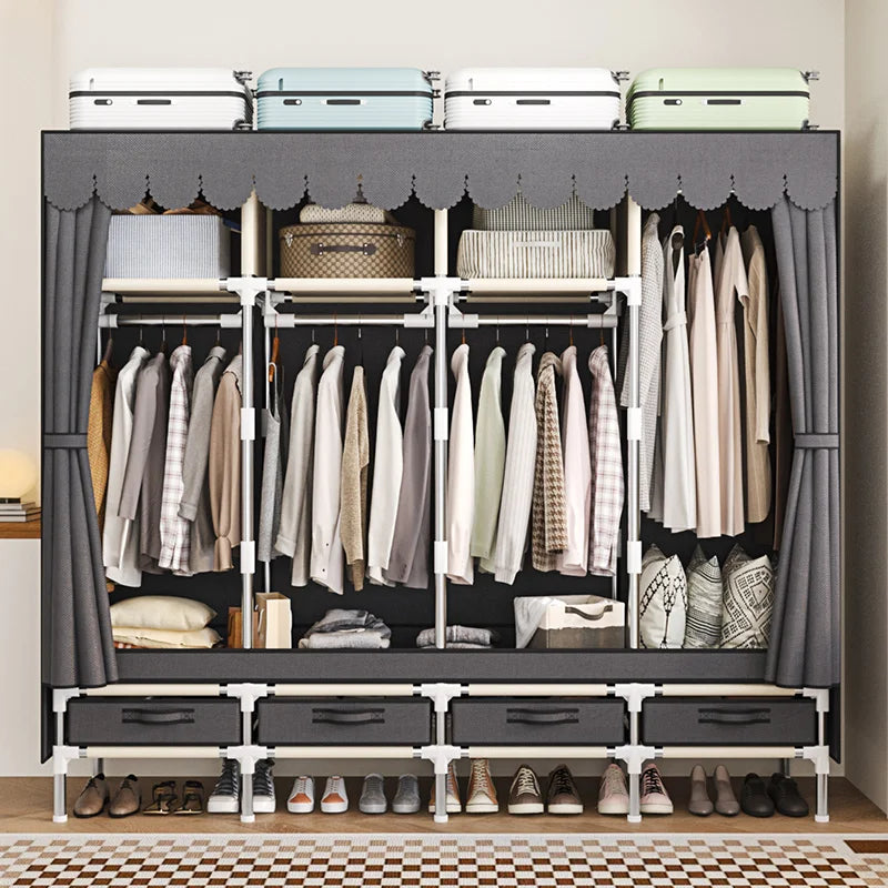 Grey easy zipper double bar wardrobe with drawers for easy assembly - durable clothing storage solution