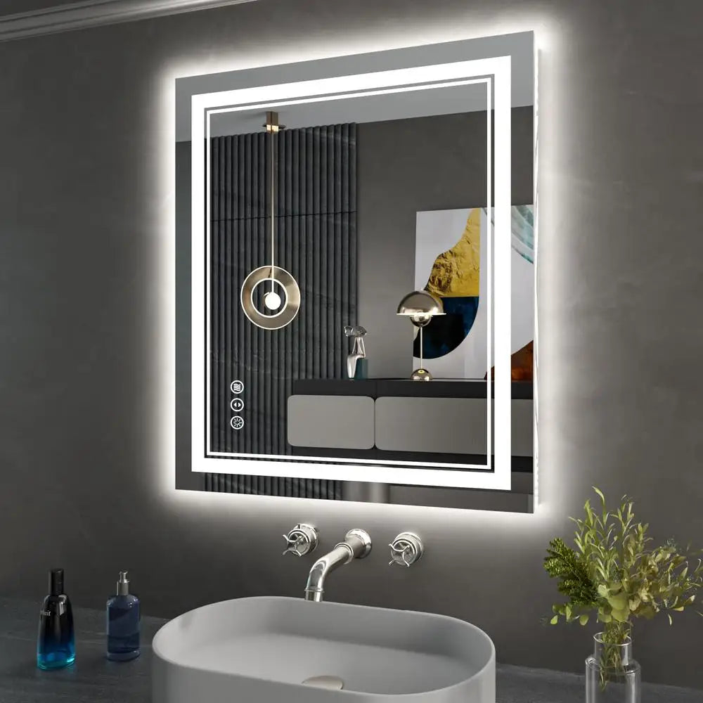 Bathroom Mirror LED Backlit Front Light Anti-Fog Dimmable Memory Glass Wall Mount Rectangular Mirror 24x30 Inch