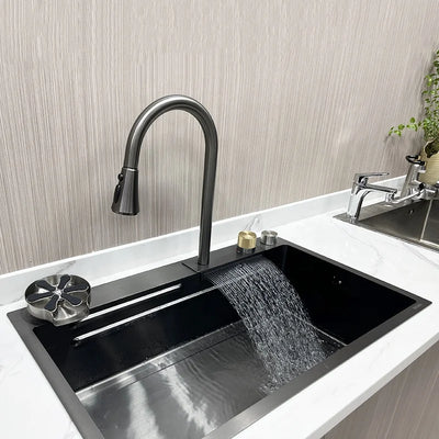 30 inch single bowl Tiktok Trends Metal Grey Stainless Steel Kitchen Sink with Rainfall Faucet & pull lefton kitchen sink set