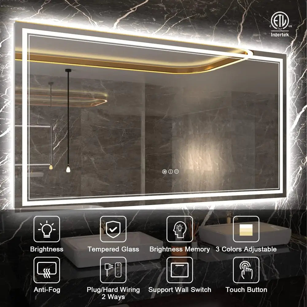 Modern LED Vanity Mirror Anti-Fog Backlit Bathroom Mirror Tempered Glass Easy Install