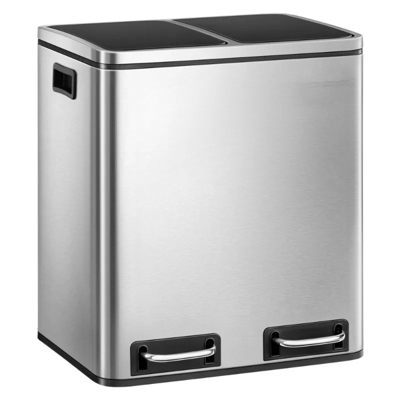 8 Gallon Double Recycling Pedal Dumpster Rectangular Stainless Steel Recycling Bin Three Compartments Trash Bin