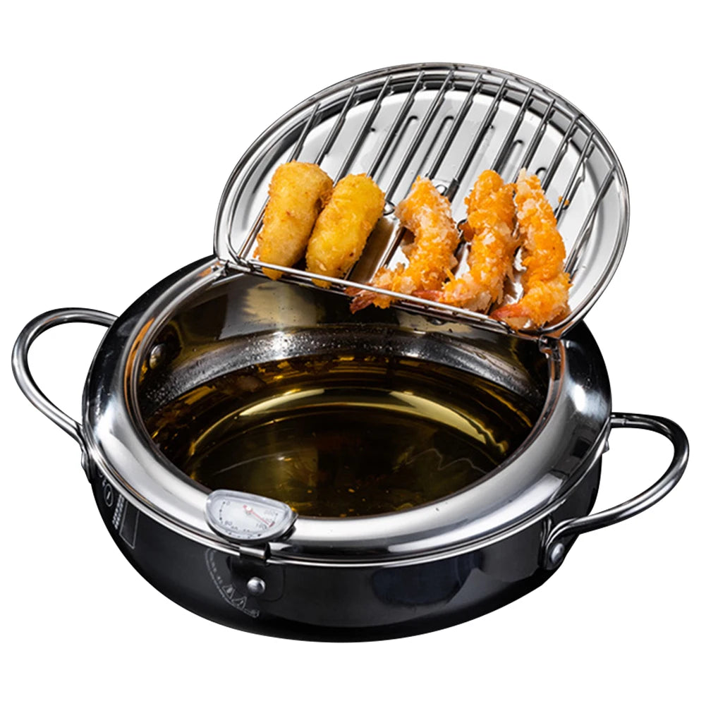 Japanese Style Tempura Fryer Pan with Temperature Control 304 Stainless Steel Cooking Pot for French Fries Chicken Wings Shrimp