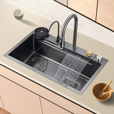 Multifunction Black Nano Kitchen Sink Waterfall Faucet Large Single Bowl Cup Washer Pure Tap Soap Dispenser 304 Stainless Steel