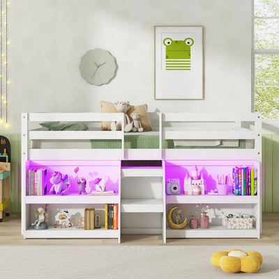 Low Loft Bed with LED Lights, Wooden Twin Loft Bed with Stairs&Safety Guardrail, Loft Bed Twin Size with Storage Bookcase(White)