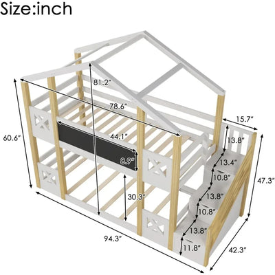 Kids Twin Bunk Bed, Storage Staircase and Blackboards, Wood Floor Bunk Bed Twin Over Twin, House Bunk Bed with Roof, Kids Bed