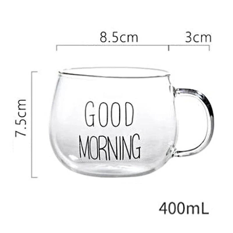 1pcs Letter Printed Transparent Creative Glass Coffee Tea Mug Drinks Dessert Breakfast Milk Cup Glass Mugs Handle Drinkware