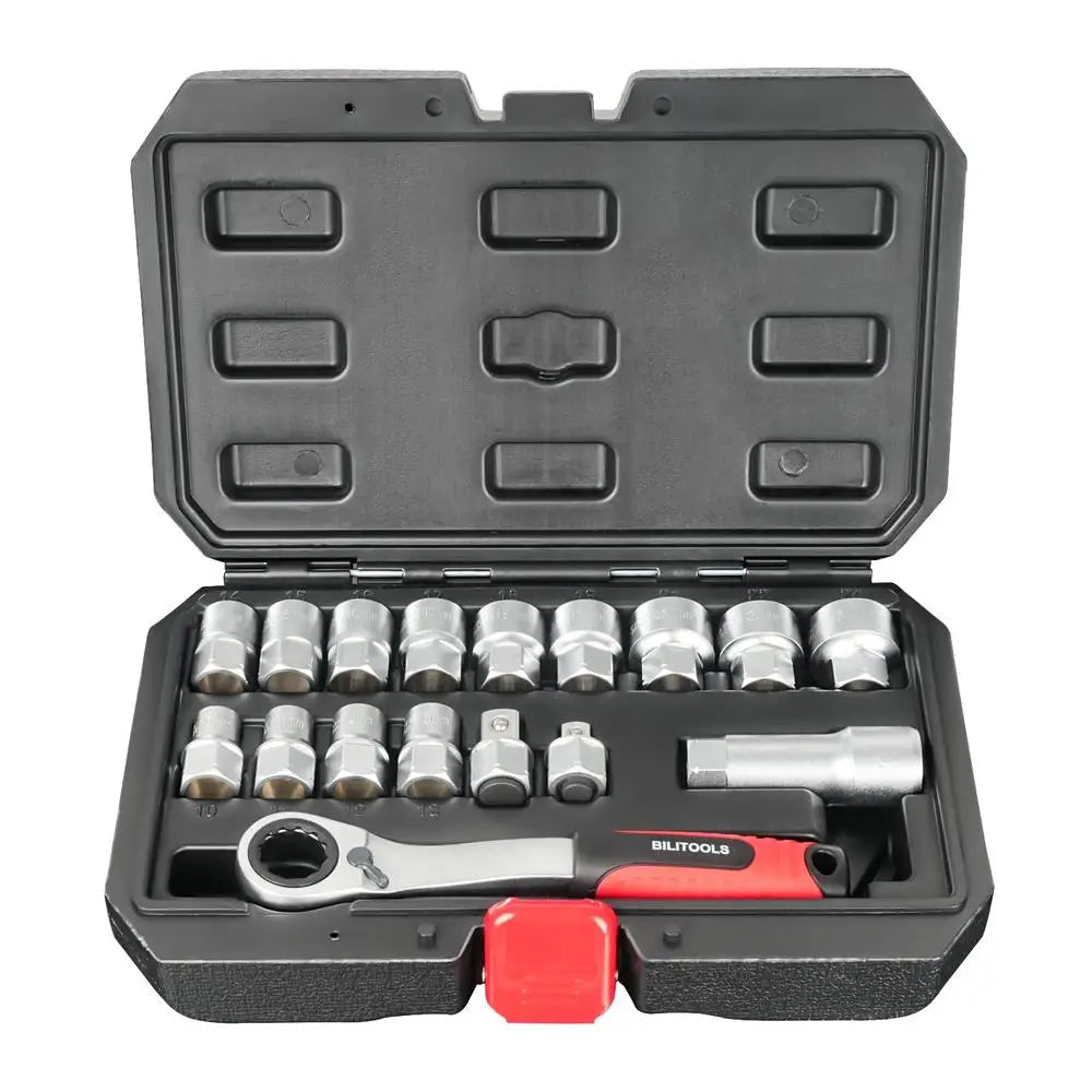 17-Piece Universal Pass Through Socket Set Mechanics Tool Hex 3/8" 1/2" Dr. Ratchet Wrench Kit Hexagonal Go-Thru Spline Drive