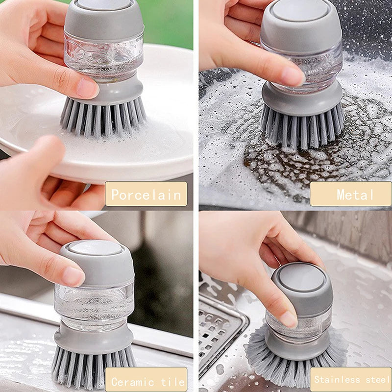 Household Cleaning Brush 2 In 1 Handle Cleaning Brush with Removable Liquid Soap Dispenser Dishwashing Brushes Kitchen Tools