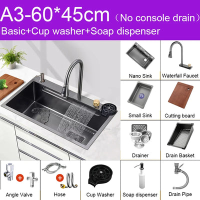 Multifunction Black Nano Kitchen Sink Waterfall Faucet Large Single Bowl Cup Washer Pure Tap Soap Dispenser 304 Stainless Steel