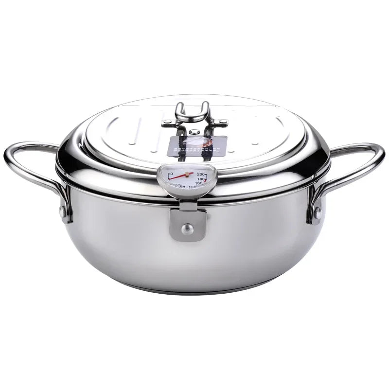 Japanese Deep Frying Pot with A Thermometer and A Lid 304 Stainless Steel Kitchen Tempura Fryer Pan 20 24 Cm KC0405