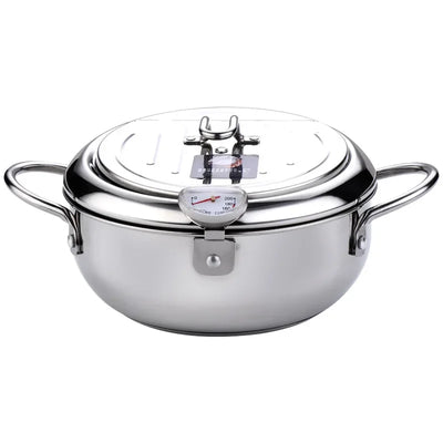 Japanese Deep Frying Pot with A Thermometer and A Lid 304 Stainless Steel Kitchen Tempura Fryer Pan 20 24 Cm KC0405