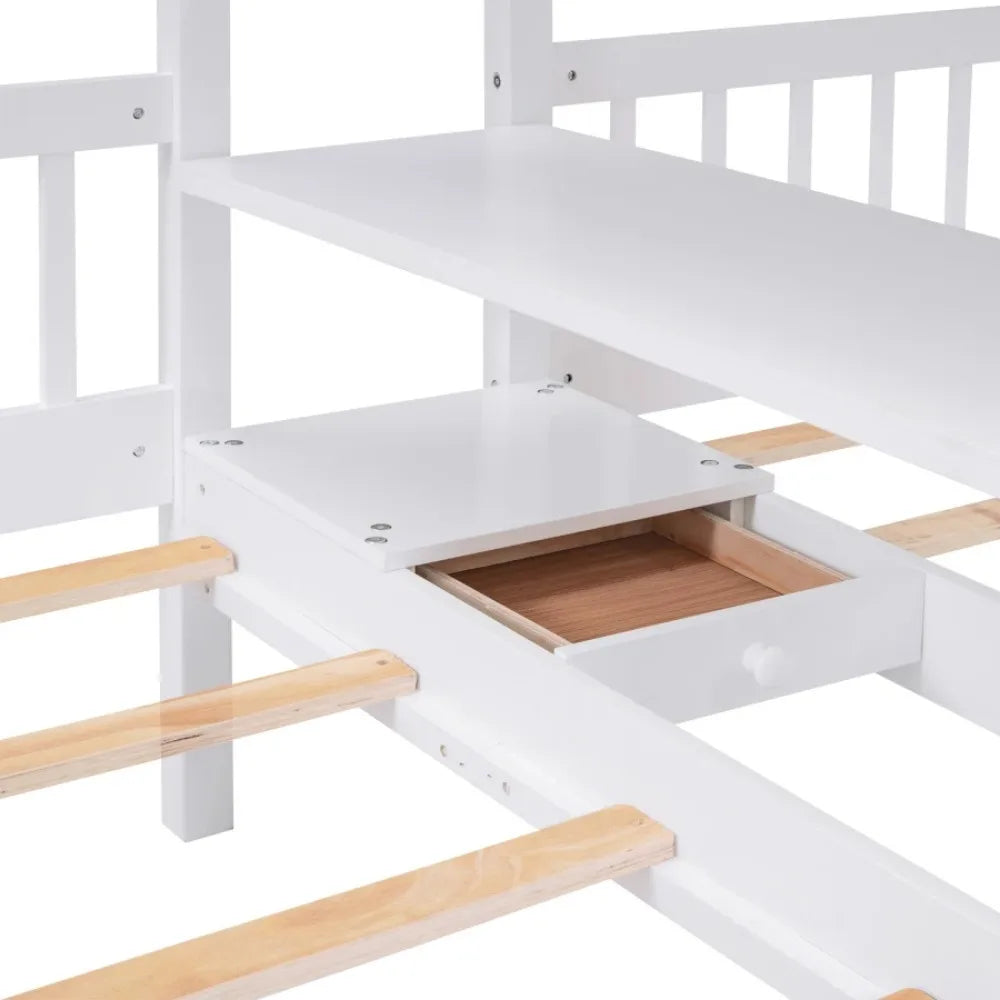 Bunk Bed,Full-Over-Twin-Twin Bunk Bed,Multifunctional bed with Shelves,Wardrobe and Mirror,Kids bedroom,No box spring required