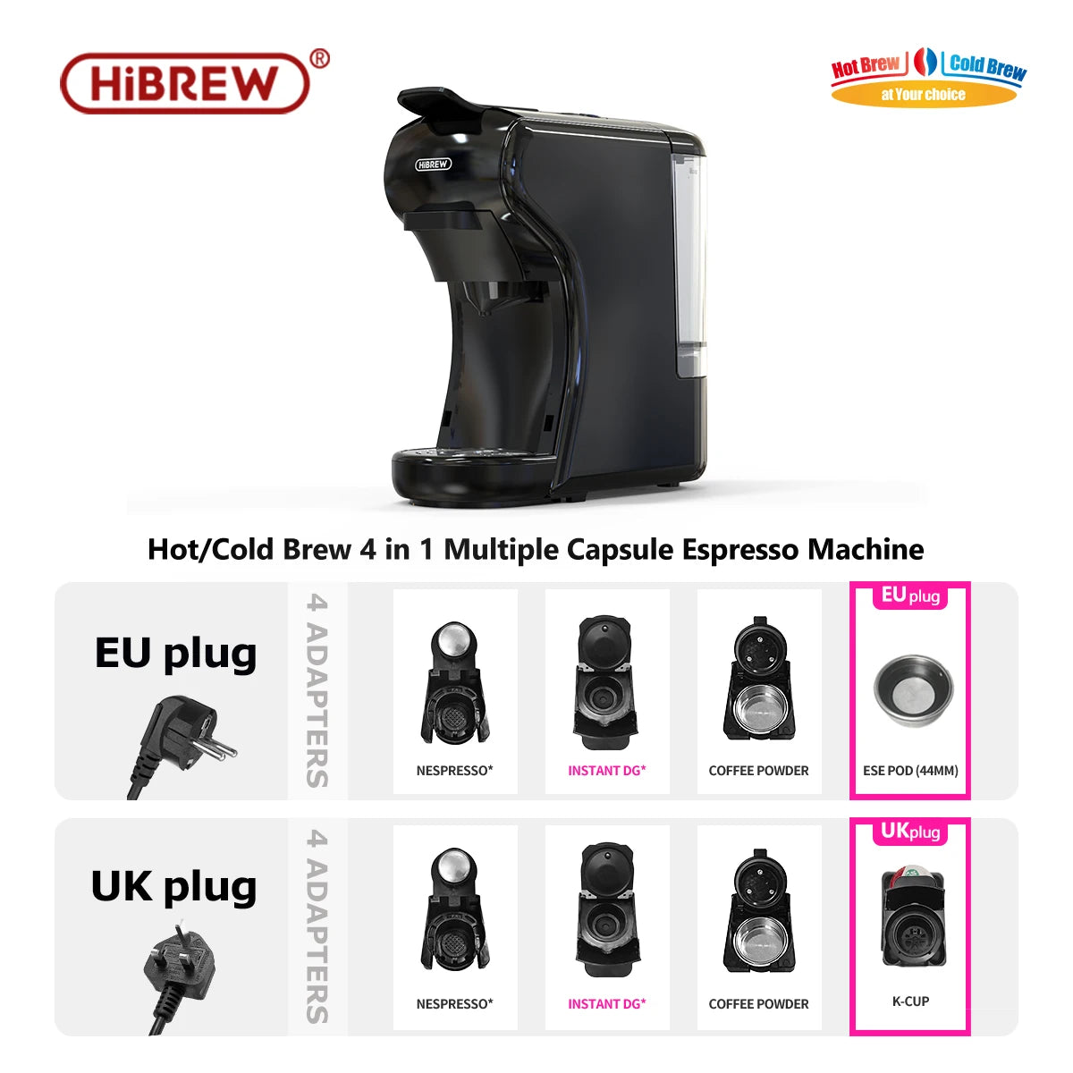 HiBREW Coffee Machine 19 Bar 4in1 Hot & Cold Multiple Capsule Espresso Cafetera Pod Coffee Maker Dolce Milk Nexpresso Powder H1A