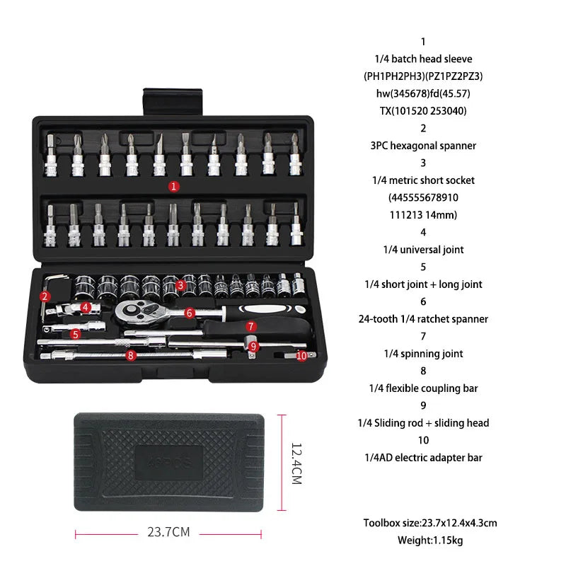 Socket Set 46 Piece Quick Ratchet Sleeve Professional Repair Wrenches Repair Screwdriver Combination Tool Kit for Mechanics