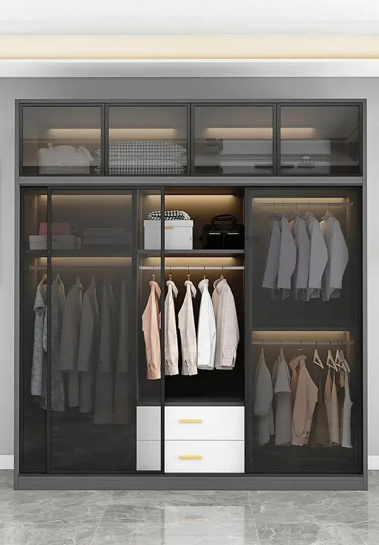 Italian Clothes Cabinet With LED Light And Storage Drawers Transparent Glass Sliding Door Bedroom Wardrobes Luxury Wood Closets