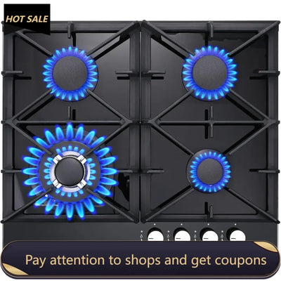 Gas Stove Top 24 inch，24 inch Gas Cooktop4 Burner，Black Tempered Glass Dual Burners Propane Cooktop with Thermocouple Protection