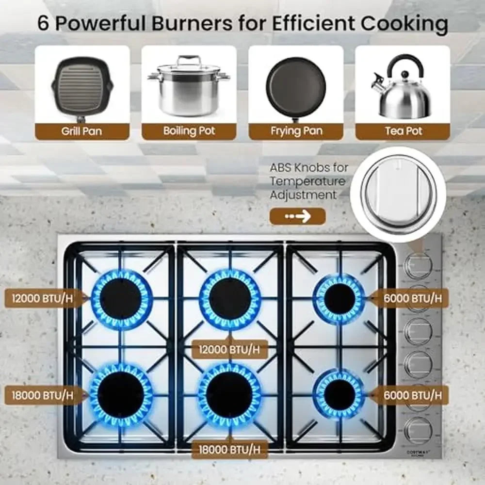 36 Inch 6-Burner Stainless Steel Gas Cooktop NG/LPG Convertible Spacious Cooking Easy to Clean