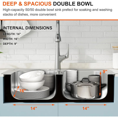 33 Inch Double Bowl Kitchen Sink Topmount 50/50 Drop In 18 Gauge 304 Stainless Steel Sinks with Basket Strainer 33" x 22" x 9"