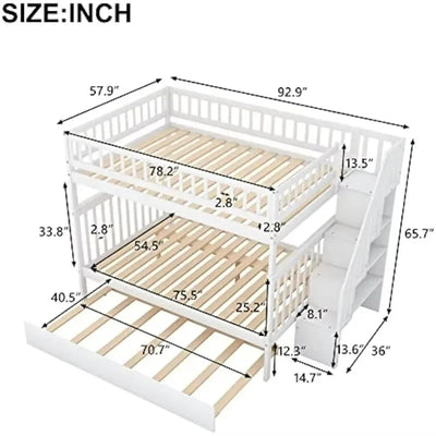 Bunk Beds, Full Over Full Bunk Bed with Trundle Bed, Wooden Bunk Bed with Staircase and Guardrail, Kids, Teens, Adults, Beds