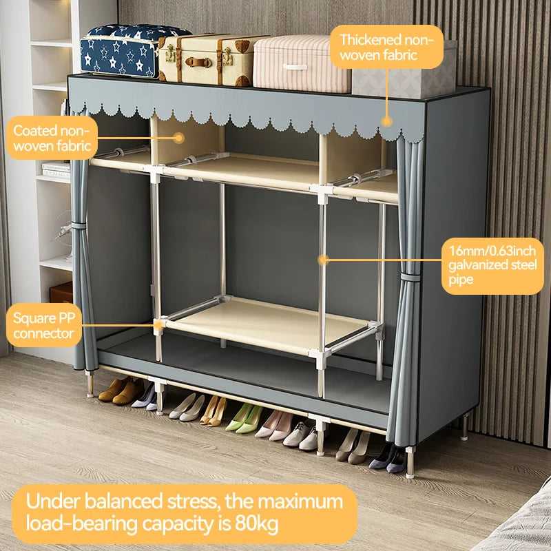 Non-Woven Wardrobe Portable Clothes Closet Fabric Wardrobe Sturdy Durable Waterproof Double Rod Storage Organizer