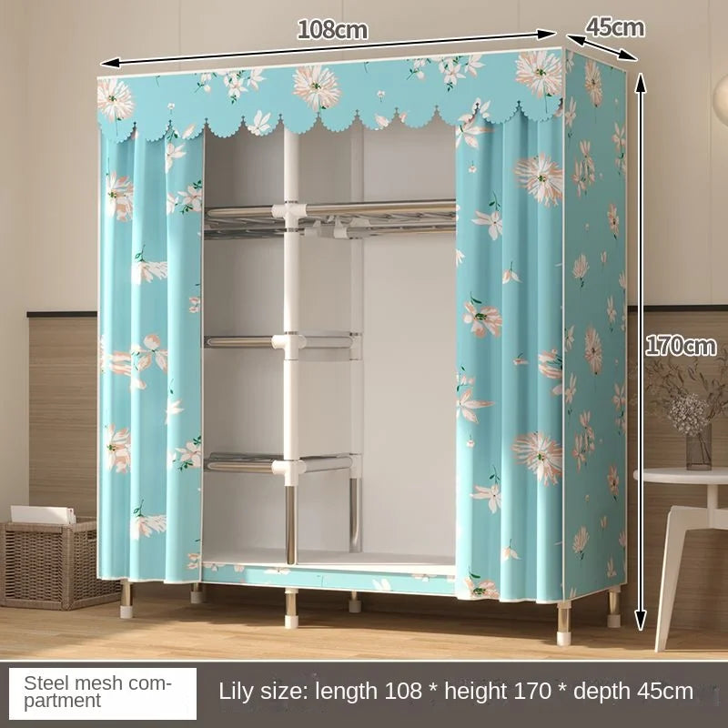 Simple Wardrobe Cloth Closet Furniture For Home Household Bedroom Assembly Cabinet Steel Pipe Reinforced Storage Rack Wardrobe