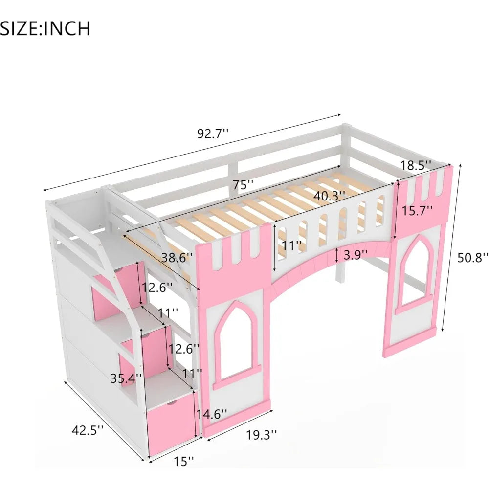 Twin Size Loft Bed with Storage Staircase and Window, Wood Playhouse Bed Frame with Storage for Boys, Girls, Gray,Pink