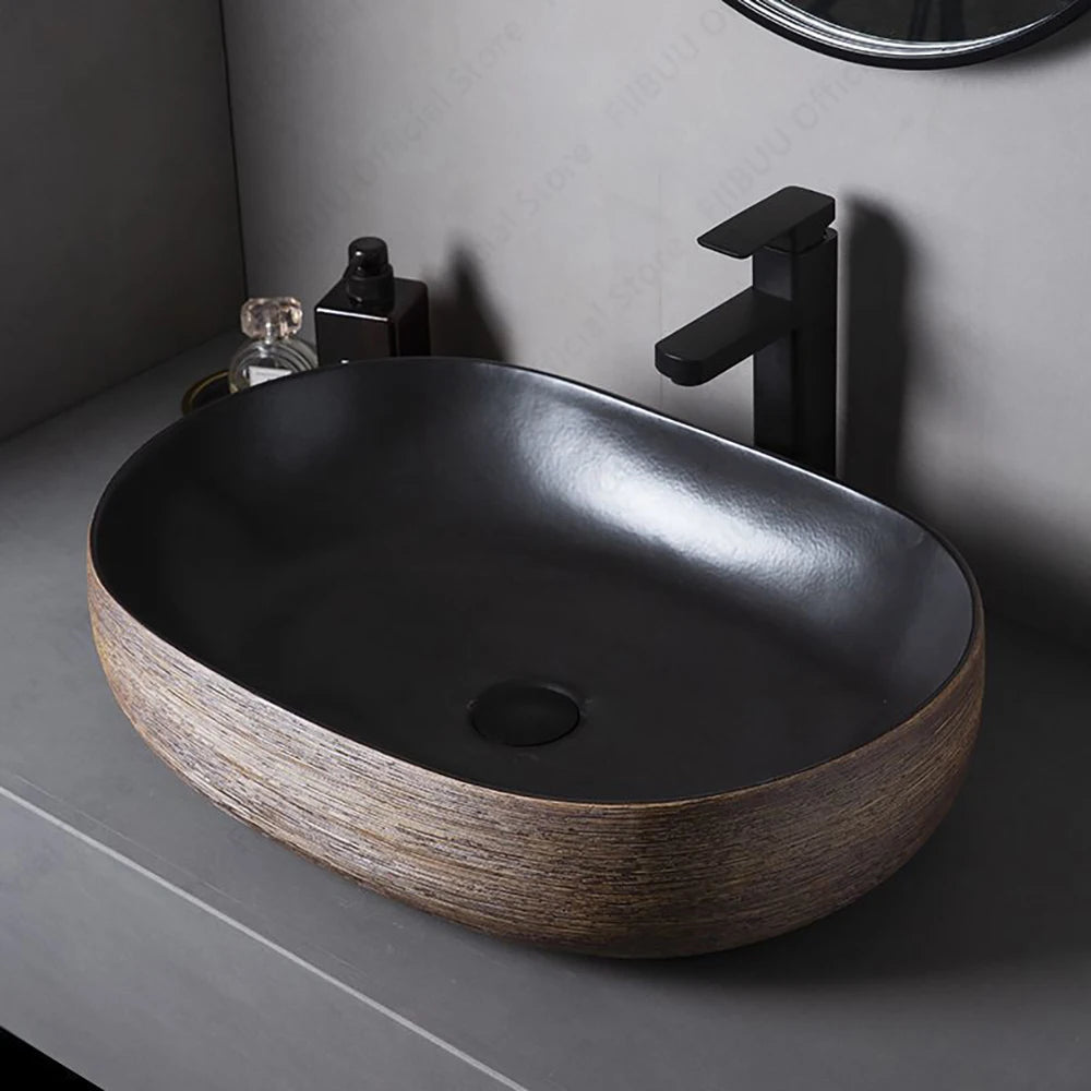 Brown Porcelain Ceramic Vessel Sink Above Counter Vanity Bowl Basin Bathroom Sanitary Balcony Table Sink Countertop Oval Basin