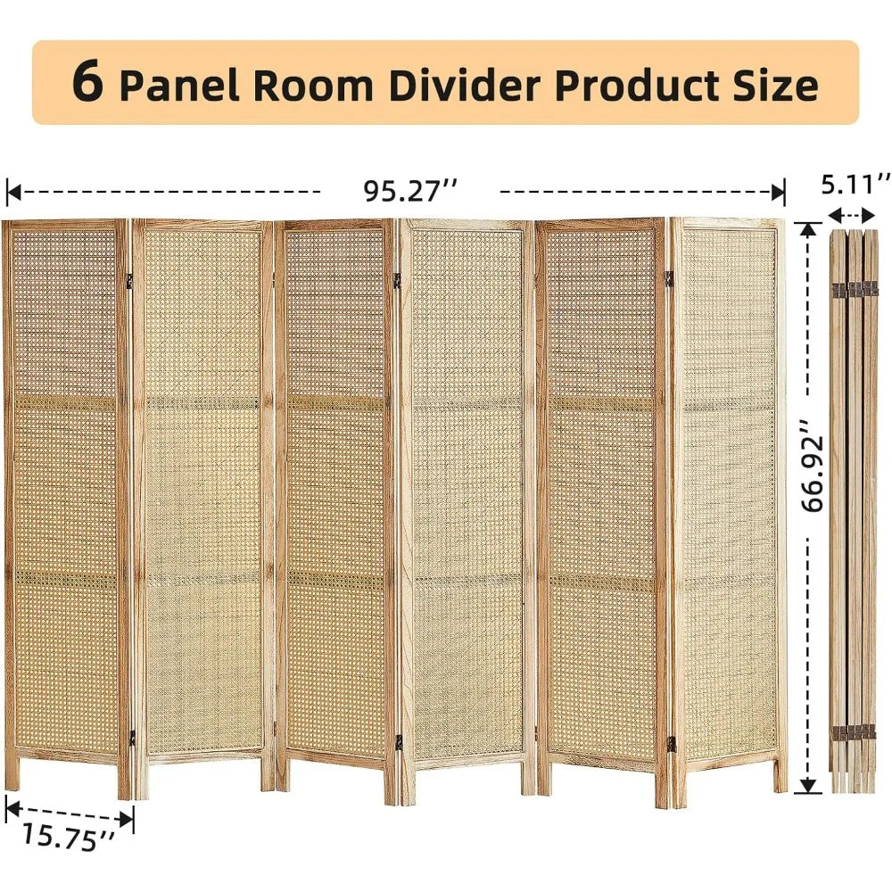 6 Panel Room Divider Wall, 5.6 Ft Tall Rattan Room Divider, Foldable Wood Room Divider, Folding Privacy Screens, Freestanding