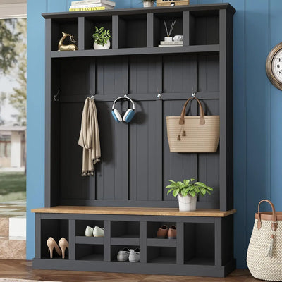 Coat Rack with Storage Bench, Shoe Cabinet with Cube Storage & Shelves, Hall Tree with 8 Hooks for Entryways, Clothes Racks