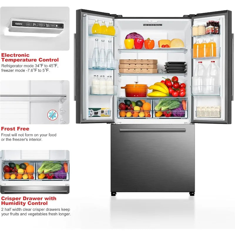 Galanz GLR18FS5S16 French Door Refrigerator with Installed Ice Maker and Bottom Freezer Adjustable Electrical Thermostat Control