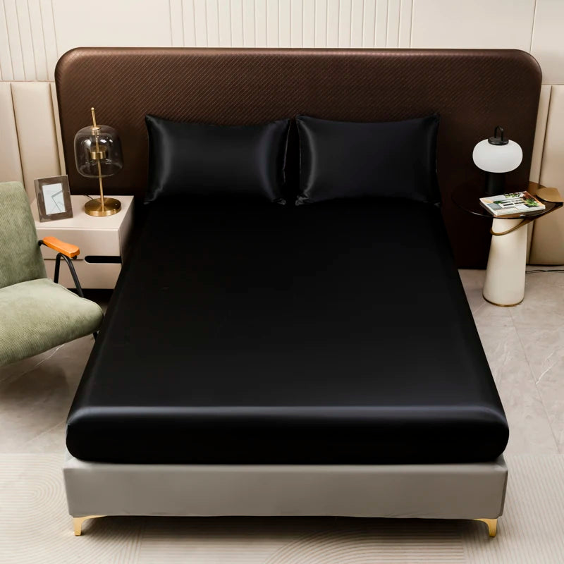 3Pcs Black Satin Fitted Sheet Solid Colour Twin Full Queen King Ice Silk Mattress Cover With Elastic Band Bed Sheet Pillowcases