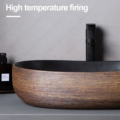 Brown Porcelain Ceramic Vessel Sink Above Counter Vanity Bowl Basin Bathroom Sanitary Balcony Table Sink Countertop Oval Basin