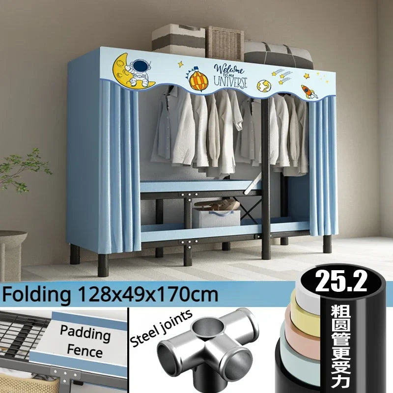 Folding Wardrobe Installation-Free Foldable Closet with Screen Curtain Simple Durable Steel Frame Cloth Wardrobe Dustproof Shelf