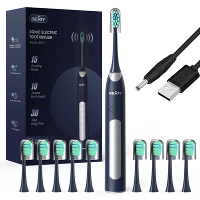 Sejoy Electric Toothbrush with 10 Brush Heads & Travel Case, 5 Cleaning Modes ,2 Minutes Built in Smart Timer Sonic Toothbrush