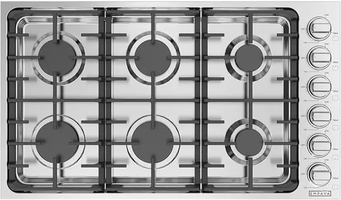 Empava Built-in 36 Cooktop in Stainless Steel with 6 Gas Stove Including Power Burners and Side Control Knobs, 36IN, Silver