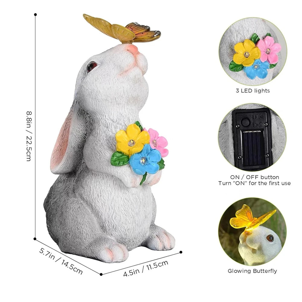 Solar Bunny Statue Garden Decor with Butterfly LED Light Resin Animal Sculpture Figurine Outdoor Decoration for Garden Courtyard