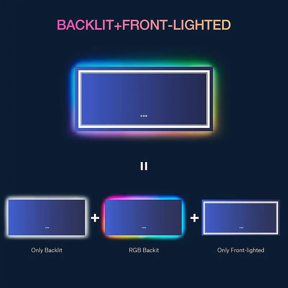 84x40 Inch RGB Backlit LED Bathroom Mirror Front & RGB Lighting Stepless Dimming Anti-Fog Tempered Glass Easy Installation