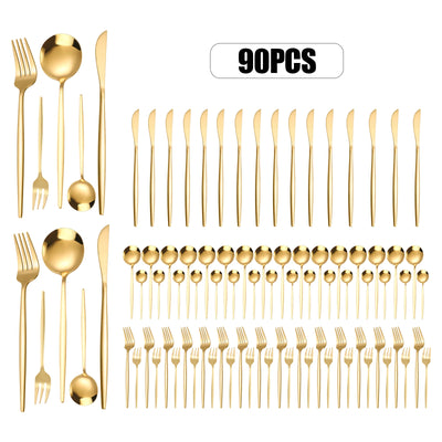 90PCS 18 Set Gold Flatware Cutlery 5 Golden Stainless Steel Kitchen Utensils Set Includes Gold Forks Knives and Spoons