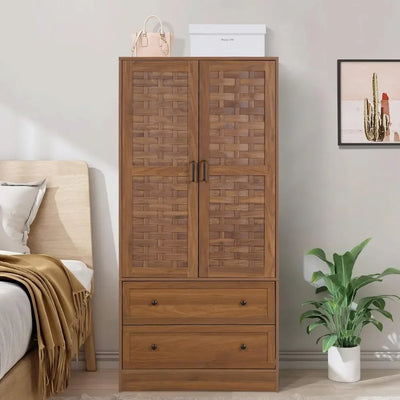 Wardrobe Cabinet With 2 Storage Drawers and Hanging Rail Bedroom Furniture Armoire Wardrobe Closet With 2 Woven Doors Coat Racks