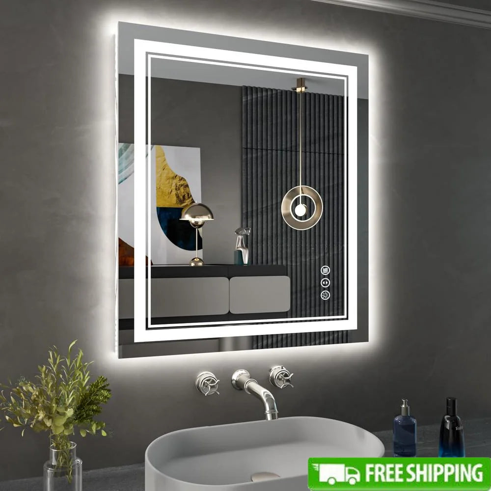 Bathroom Mirror LED Backlit Front Light Anti-Fog Dimmable Memory Glass Wall Mount Rectangular Mirror 24x30 Inch