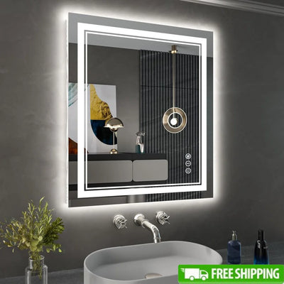 Bathroom Mirror LED Backlit Front Light Anti-Fog Dimmable Memory Glass Wall Mount Rectangular Mirror 24x30 Inch